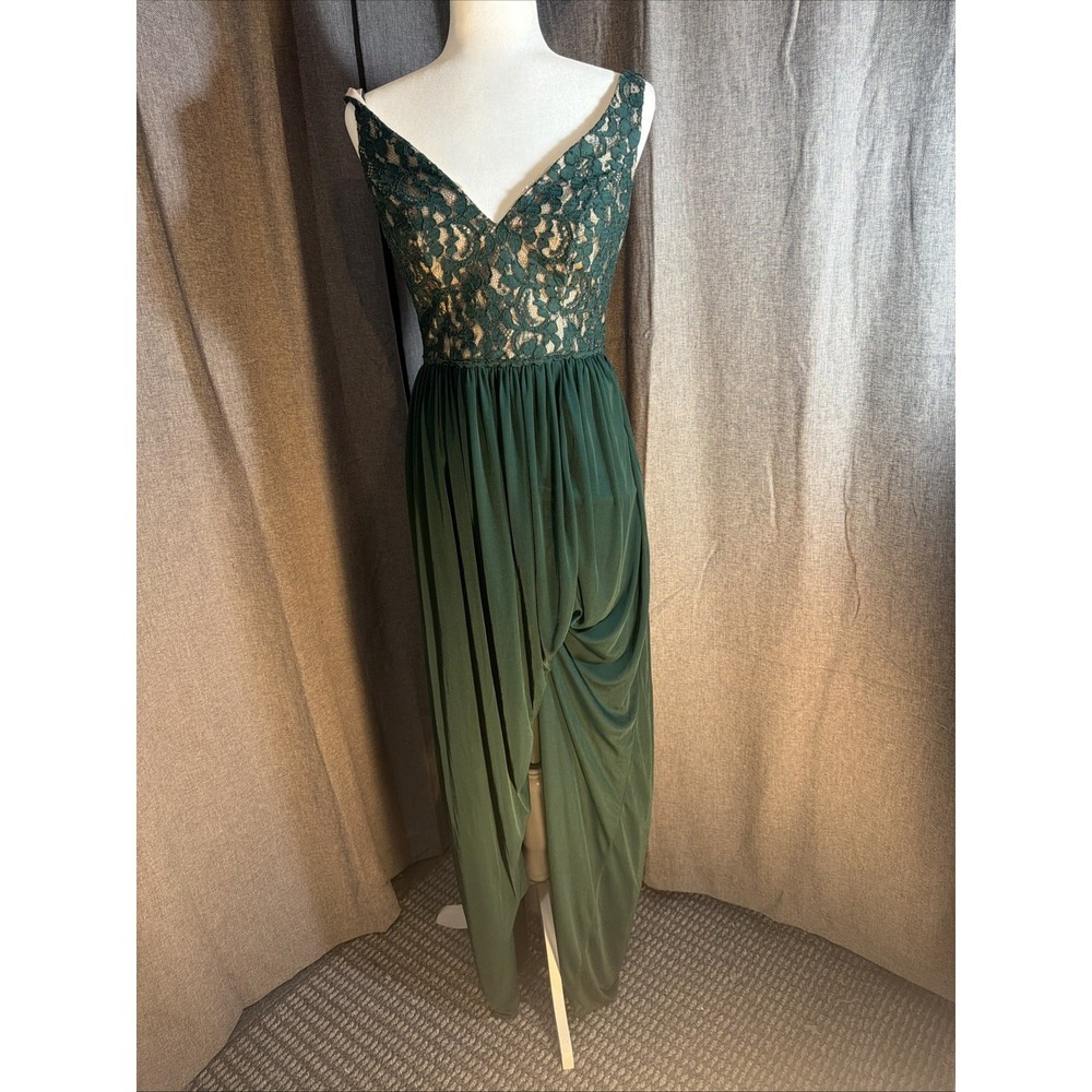 David's Bridal Forest Green Lace V-Neck Draped Tulip Skirt Formal Gown Size 4